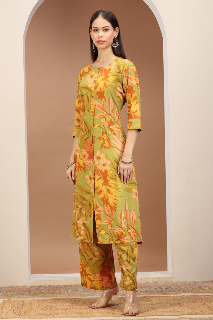 Avacado Green Jaipuri Cotton Printed A Line Kurta Pant Co ord Set