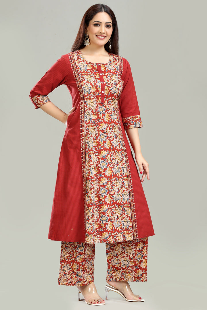 Maroon Dobby Cotton A Line Printed Kurta