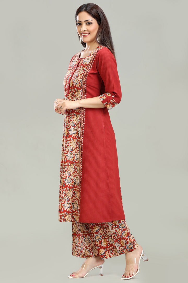 Maroon Dobby Cotton A Line Printed Kurta