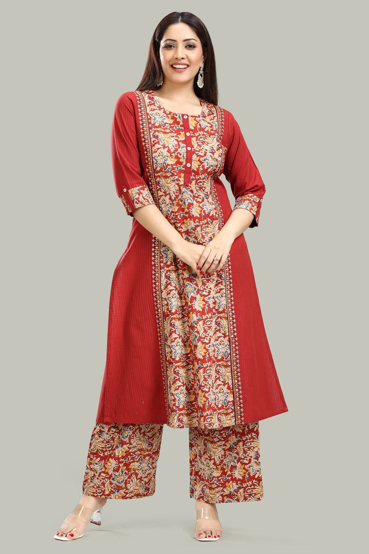 Maroon Dobby Cotton A Line Printed Kurta