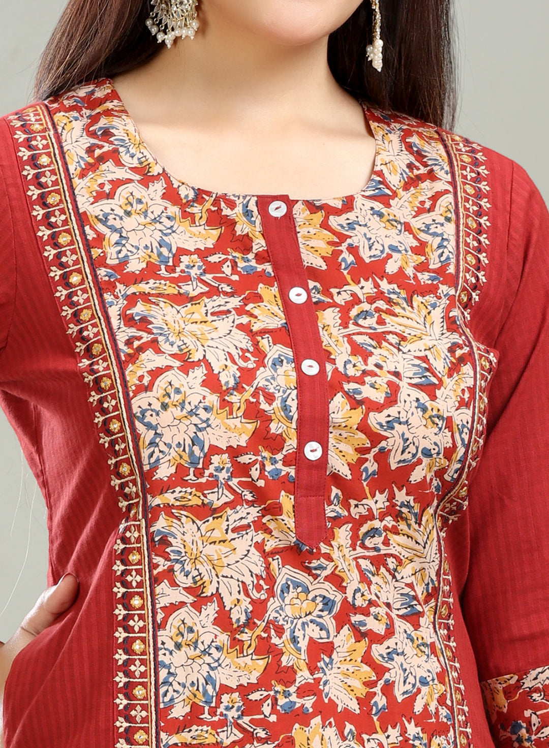 Maroon Dobby Cotton A Line Printed Kurta