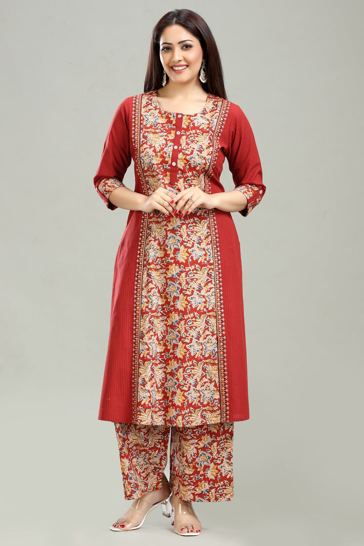 Maroon Dobby Cotton A Line Printed Kurta