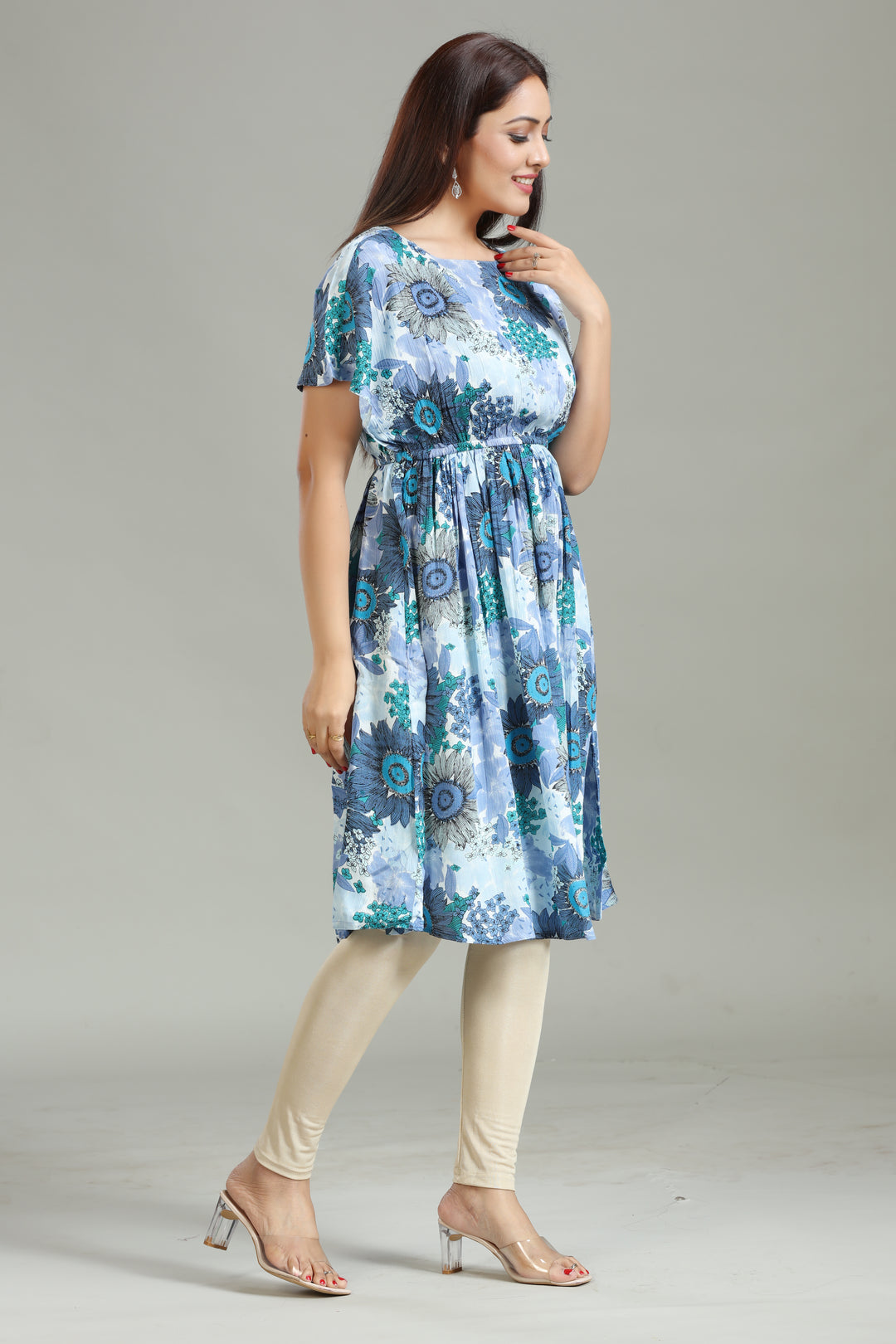 Blue Rayon Gathered Printed Kurta