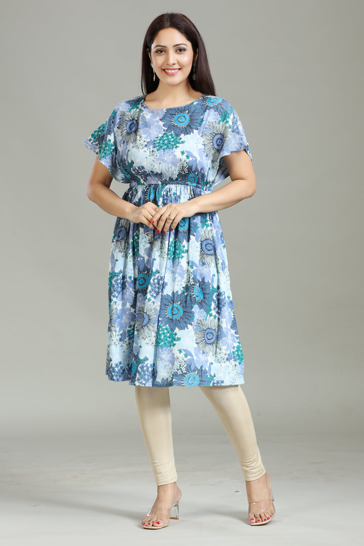 Blue Rayon Gathered Printed Kurta