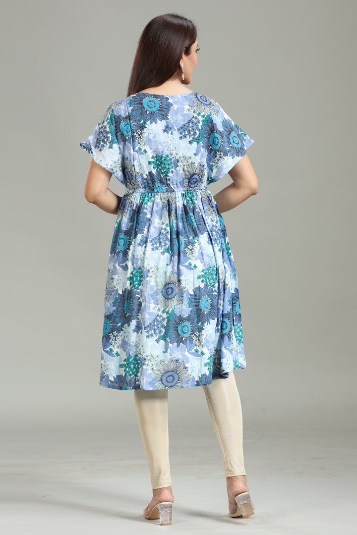 Blue Rayon Gathered Printed Kurta