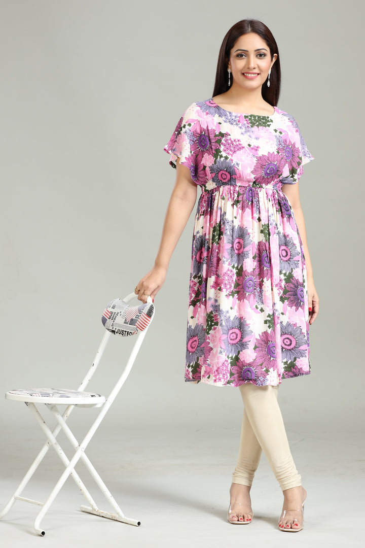 Pink Rayon Gathered Printed Kurta