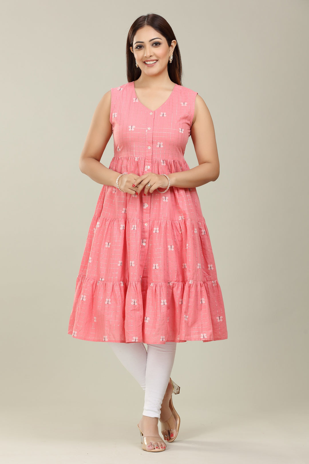 Peach Cotton Flared Yarndyed Sleeveless Kurta