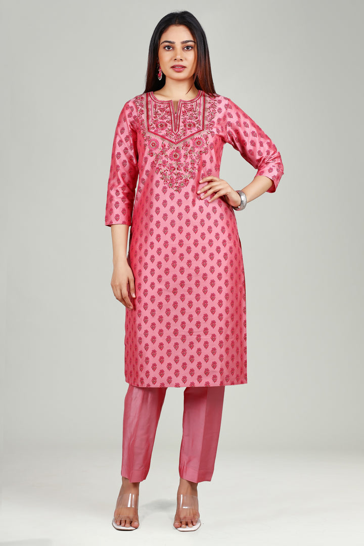 Light Pink PolySilk Straight Embroidered Kurta Pant Co ord Set