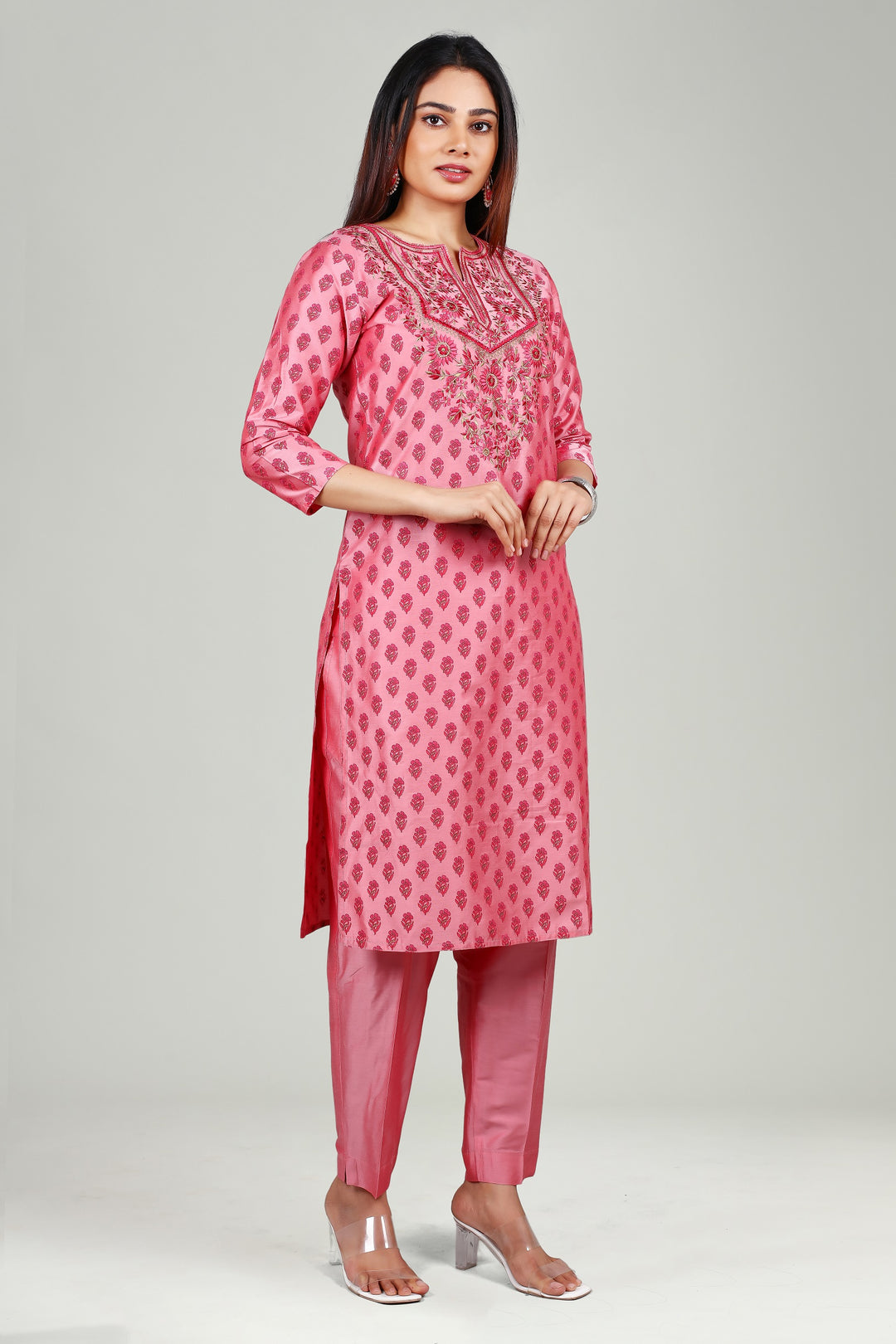 Light Pink PolySilk Straight Embroidered Kurta Pant Co ord Set