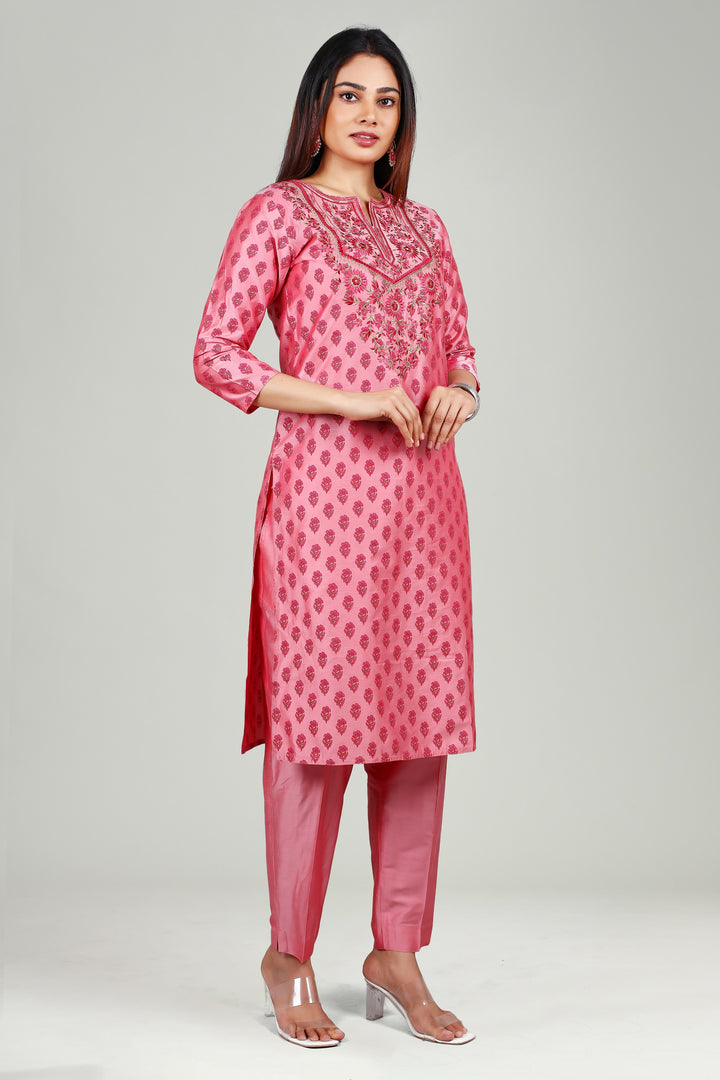 Light Pink PolySilk Straight Embroidered Kurta Pant Co ord Set