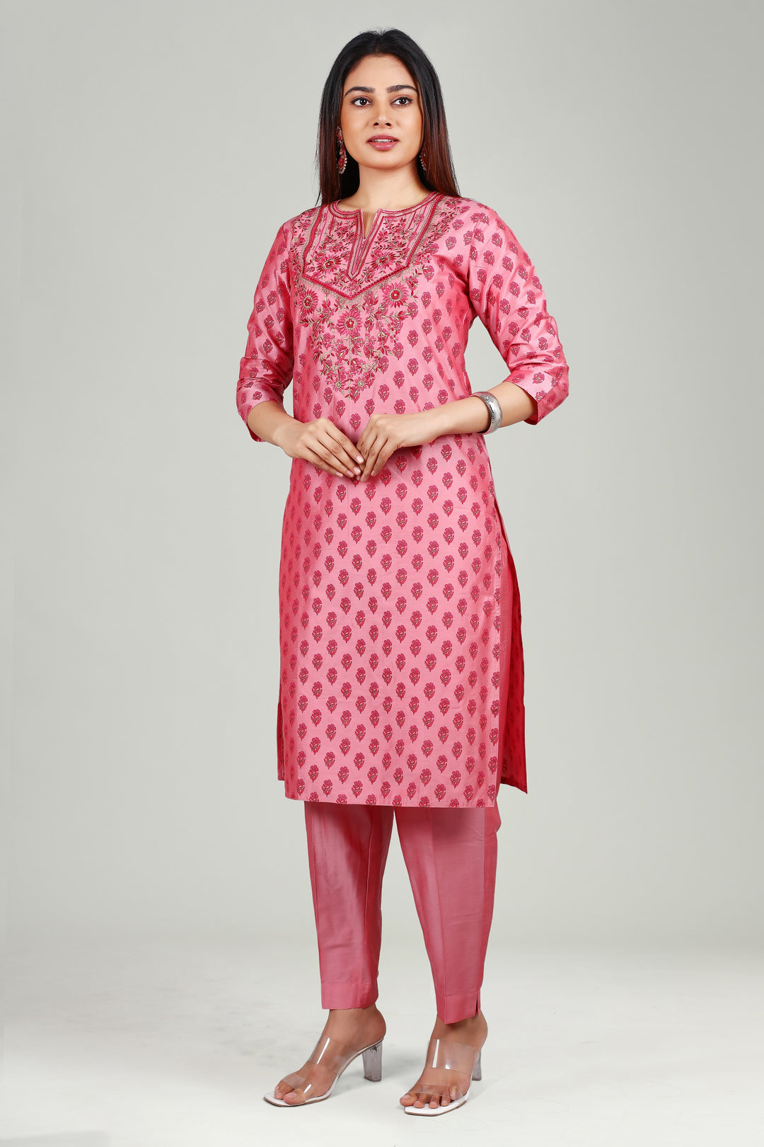 Light Pink PolySilk Straight Embroidered Kurta Pant Co ord Set