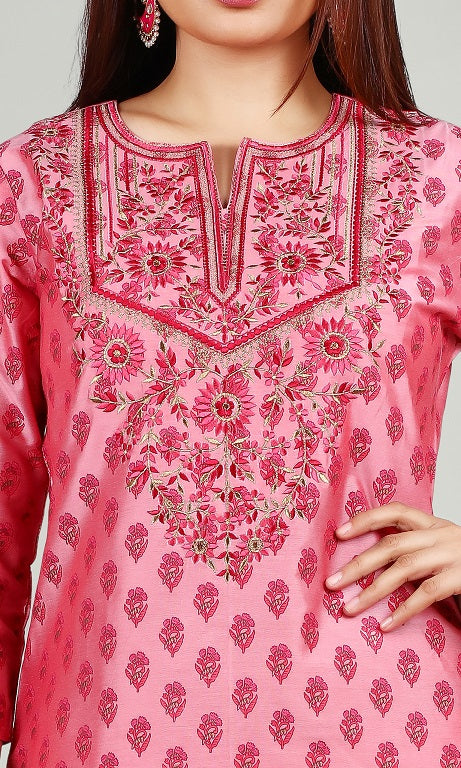 Light Pink PolySilk Straight Embroidered Kurta Pant Co ord Set