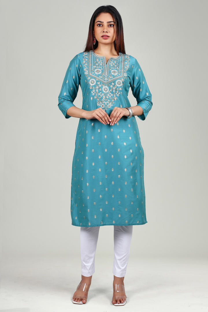 Light Sea Green PolySilk Straight Embroidered Kurta