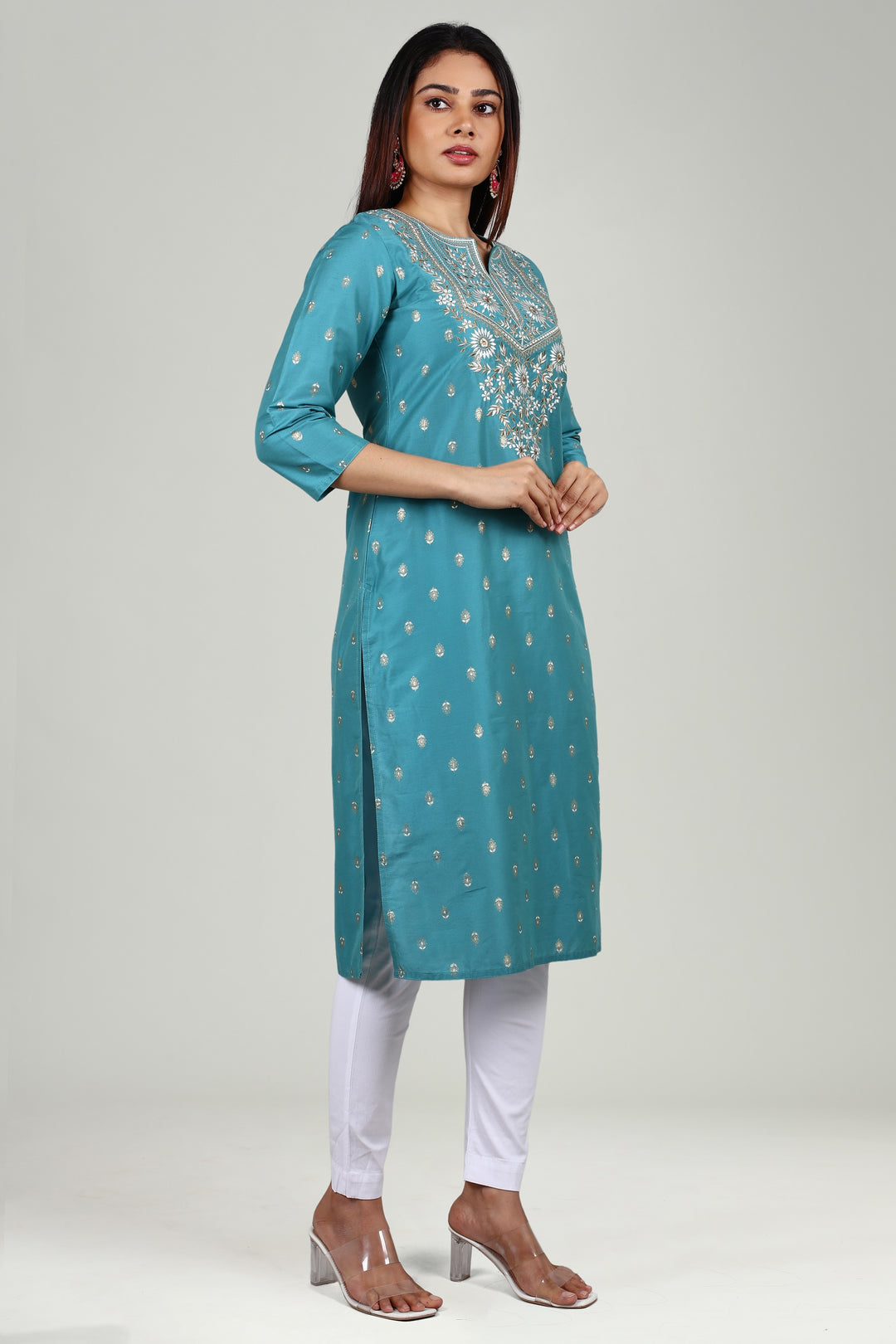 Light Sea Green PolySilk Straight Embroidered Kurta