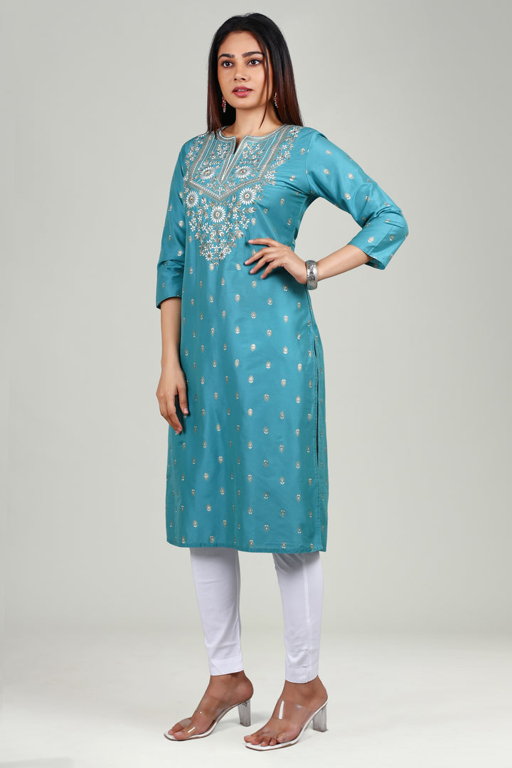 Light Sea Green PolySilk Straight Embroidered Kurta