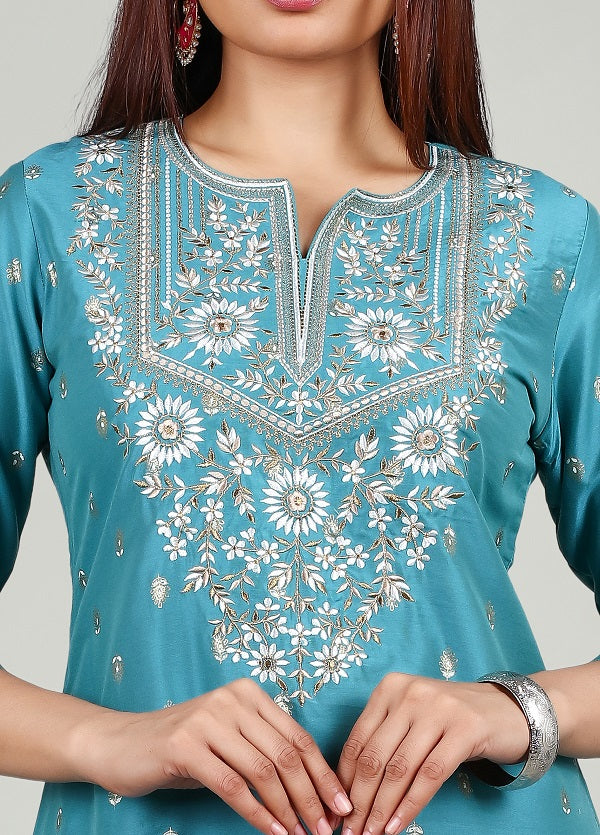 Light Sea Green PolySilk Straight Embroidered Kurta