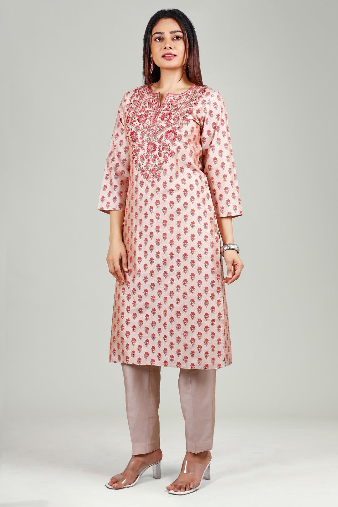 Off White PolySilk Straight Embroidered Kurta Pant Co ord Set