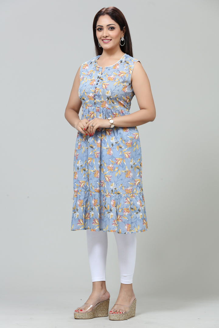 Grey Cotton Flared Printed Sleeveless Kurta