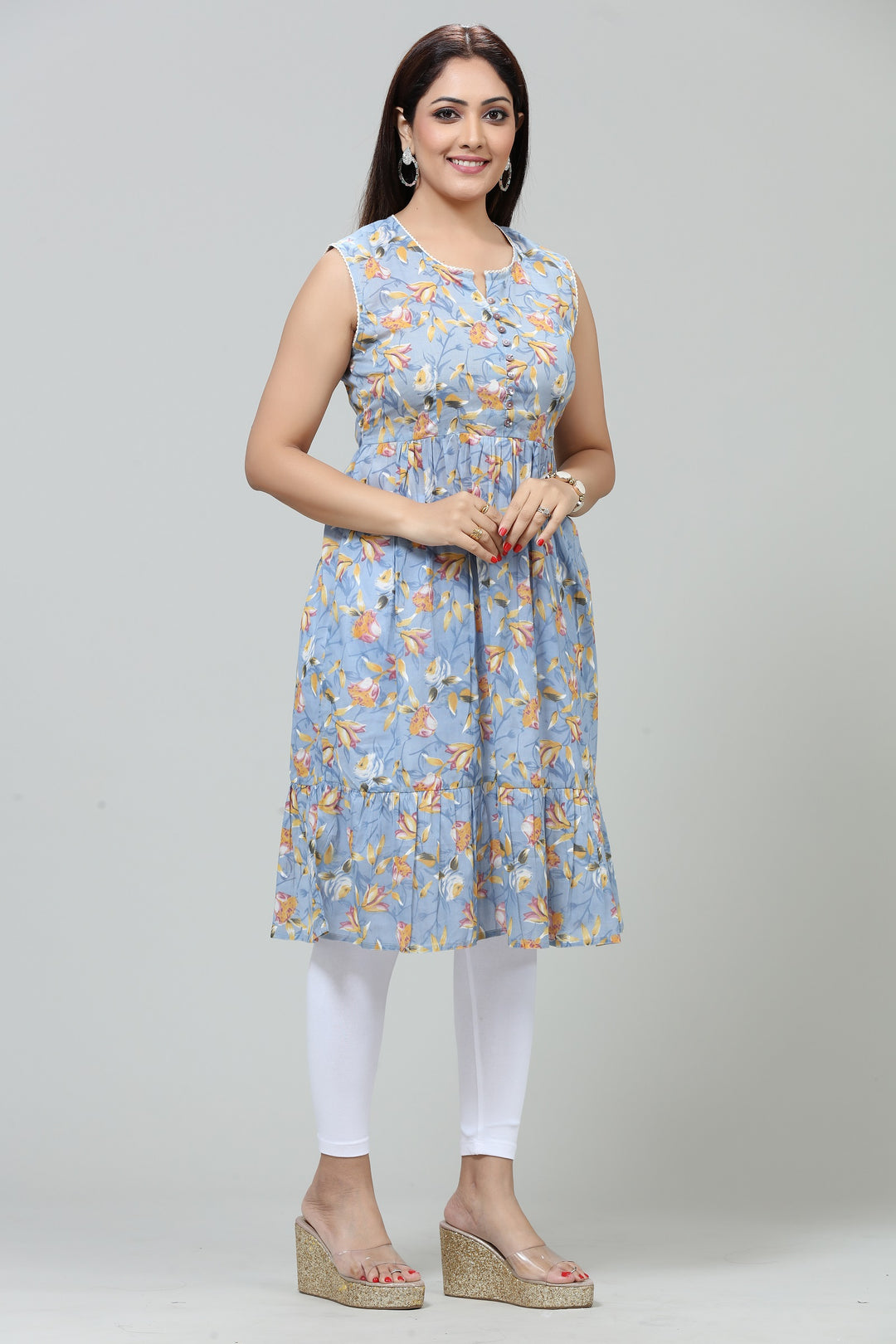 Grey Cotton Flared Printed Sleeveless Kurta