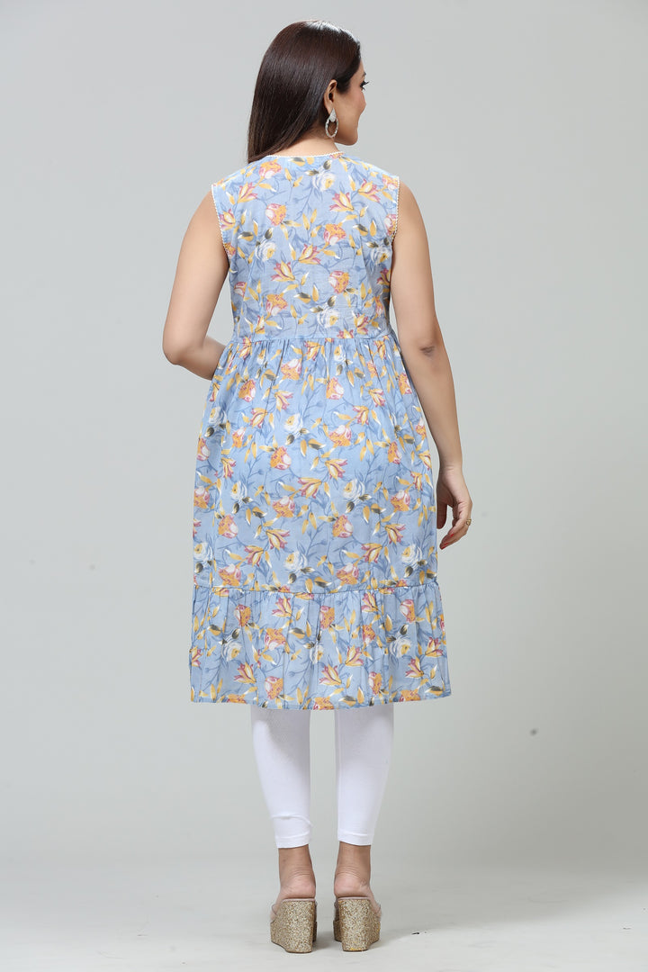 Grey Cotton Flared Printed Sleeveless Kurta