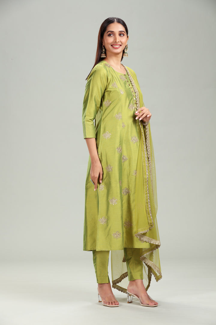 Pistachio PolySilk Straight Embroidered Kurta Pant Suit Set