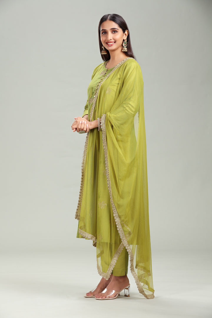 Pistachio PolySilk Straight Embroidered Kurta Pant Suit Set