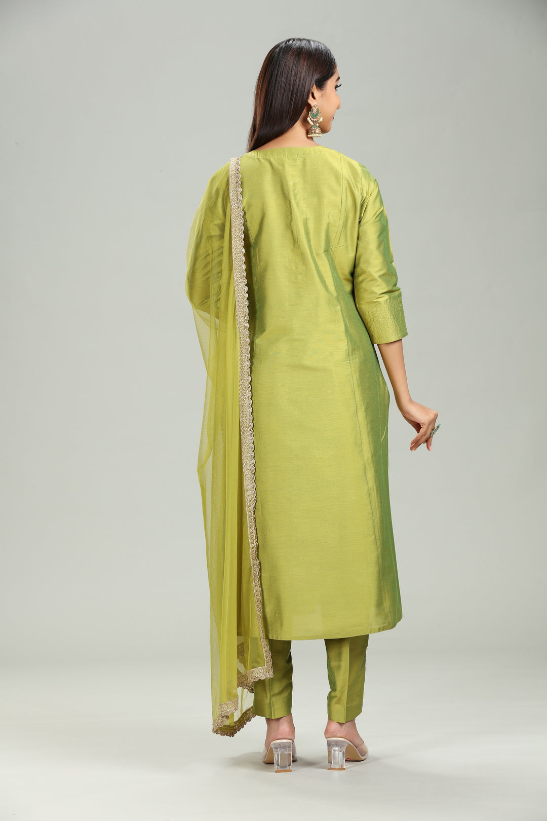 Pistachio PolySilk Straight Embroidered Kurta Pant Suit Set