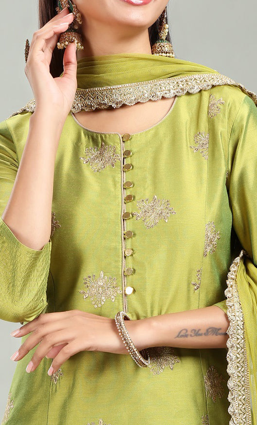 Pistachio PolySilk Straight Embroidered Kurta Pant Suit Set