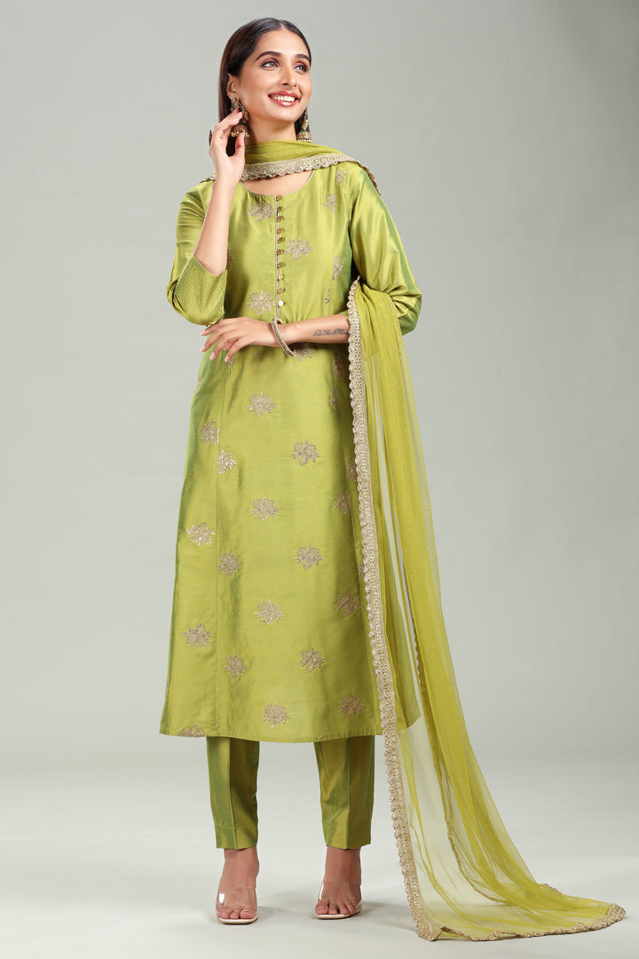 Pistachio PolySilk Straight Embroidered Kurta Pant Suit Set