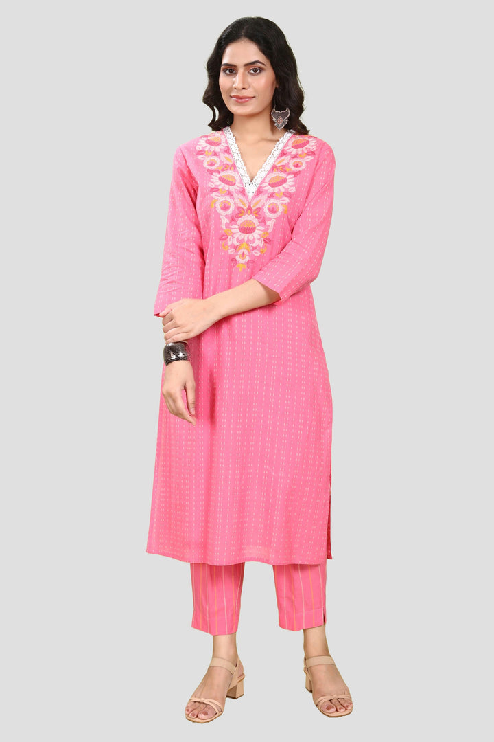 Pink Handloom Cotton Straight Embroidered Kurta Pant Co ord Set