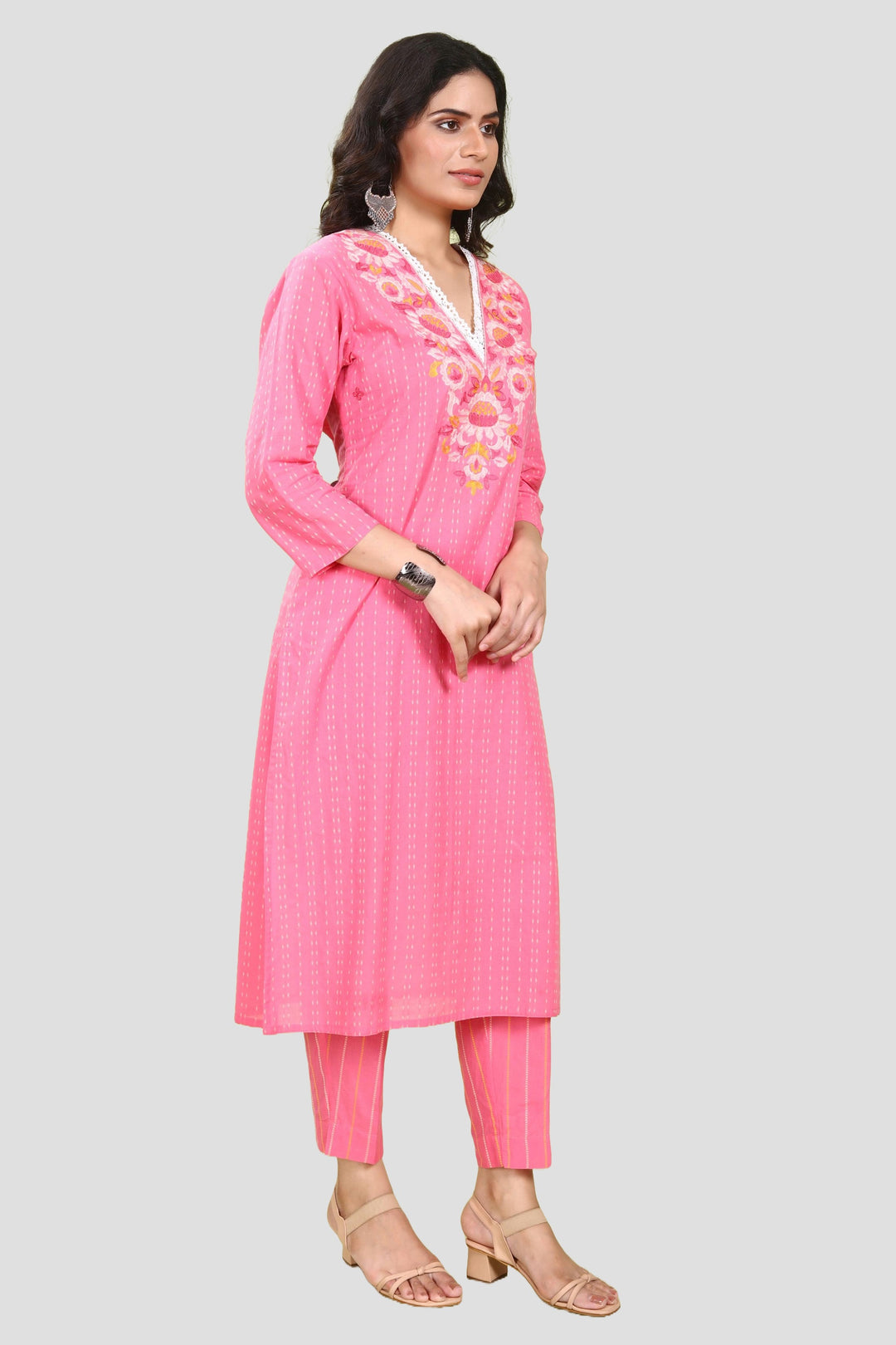 Pink Handloom Cotton Straight Embroidered Kurta Pant Co ord Set