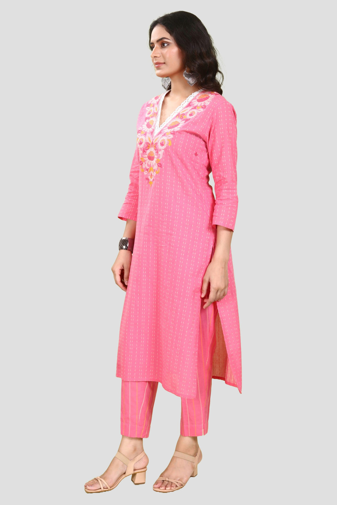 Pink Handloom Cotton Straight Embroidered Kurta Pant Co ord Set