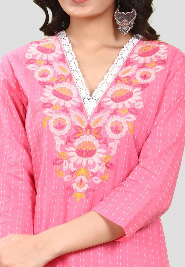 Pink Handloom Cotton Straight Embroidered Kurta Pant Co ord Set