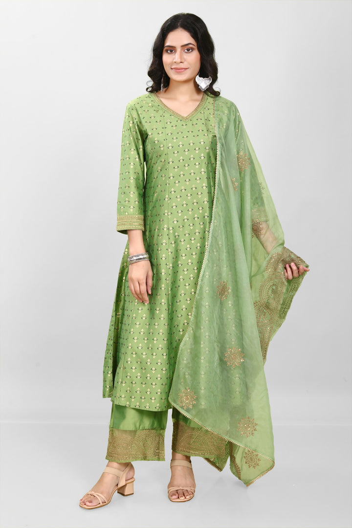 Green PolySilk A Line Embroidered Kurta Pant Suit Set