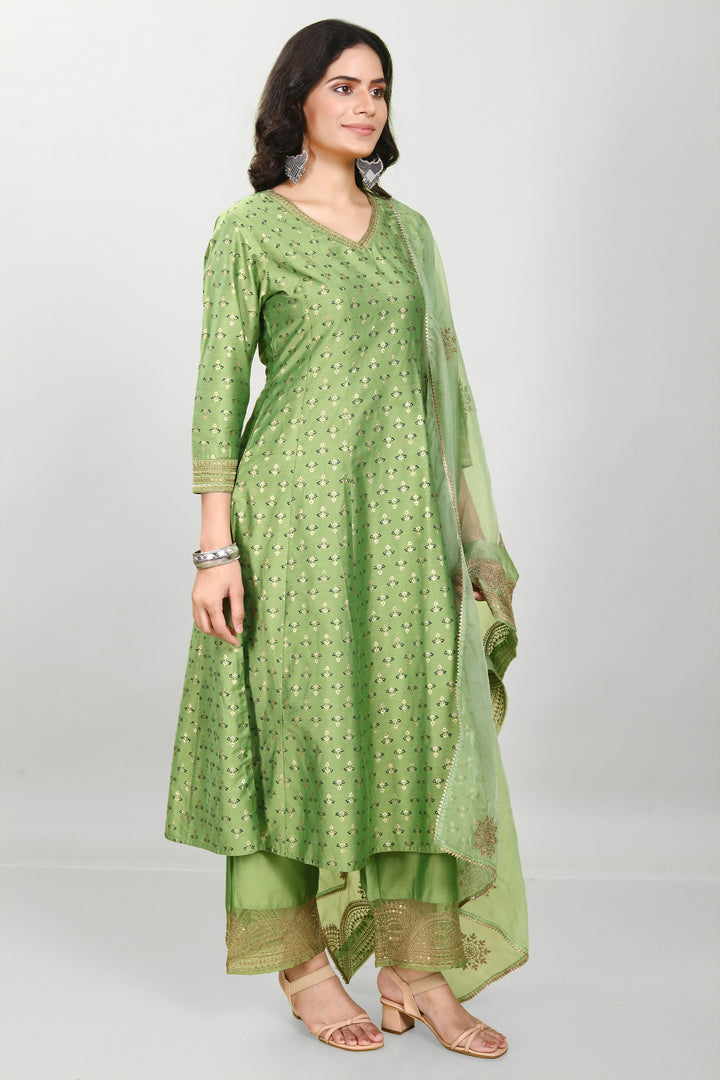 Green PolySilk A Line Embroidered Kurta Pant Suit Set