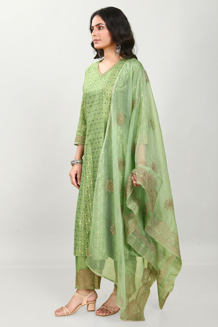 Green PolySilk A Line Embroidered Kurta Pant Suit Set