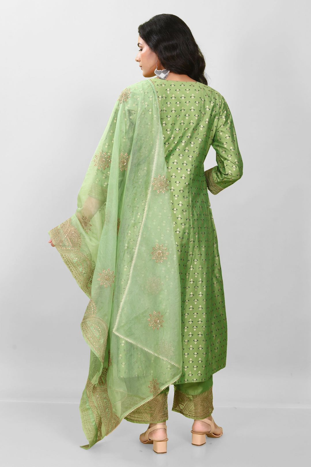 Green PolySilk A Line Embroidered Kurta Pant Suit Set