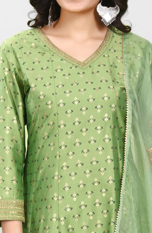 Green PolySilk A Line Embroidered Kurta Pant Suit Set