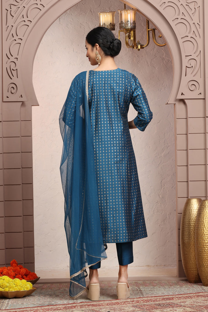 Dark Teal PolySilk A Line Embroidered Kurta Pant Suit Set