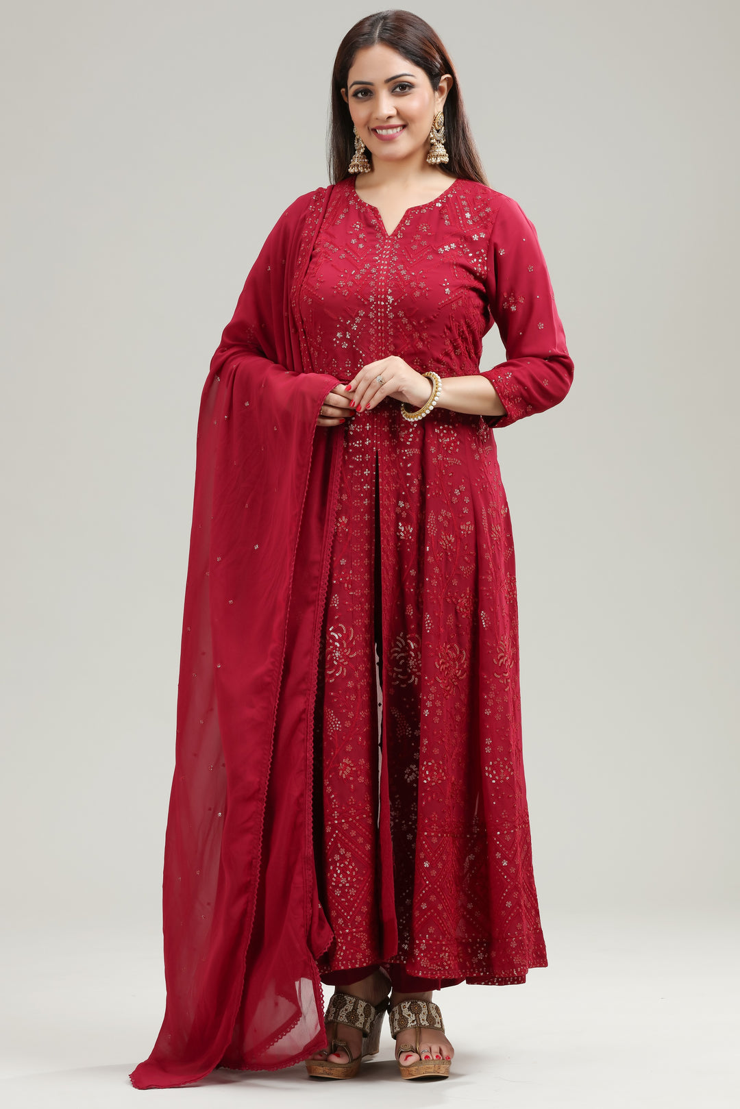 Maroon Georgette Anarkali Embroidered Kurta Pant Suit Set