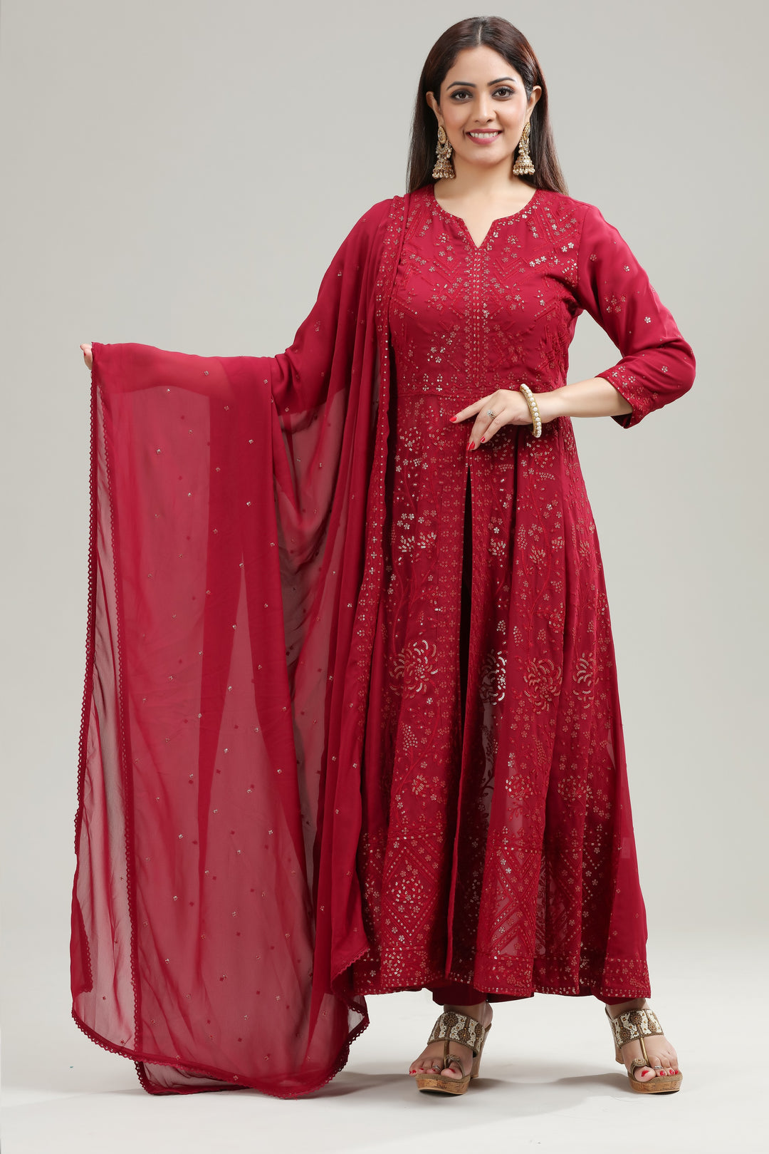 Maroon Georgette Anarkali Embroidered Kurta Pant Suit Set