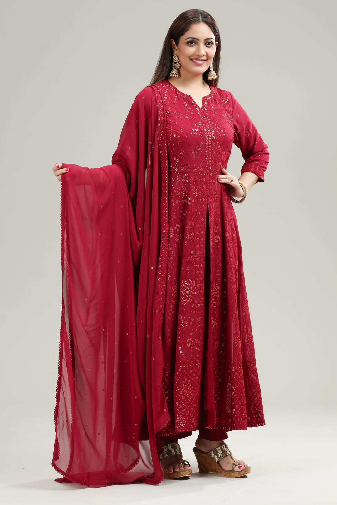 Maroon Georgette Anarkali Embroidered Kurta Pant Suit Set