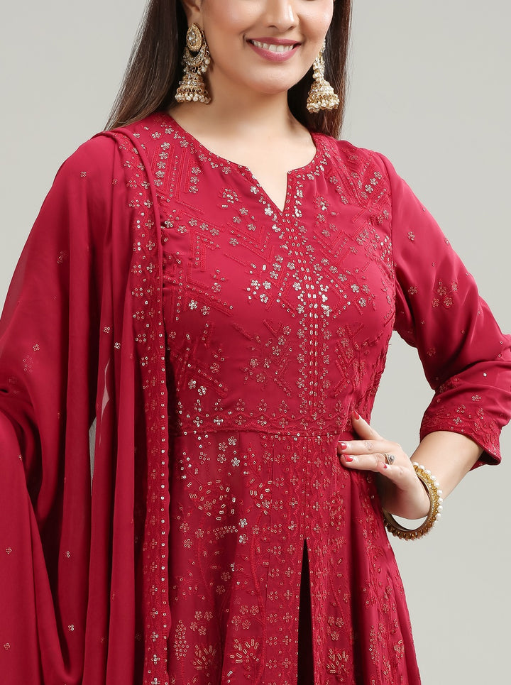 Maroon Georgette Anarkali Embroidered Kurta Pant Suit Set for women