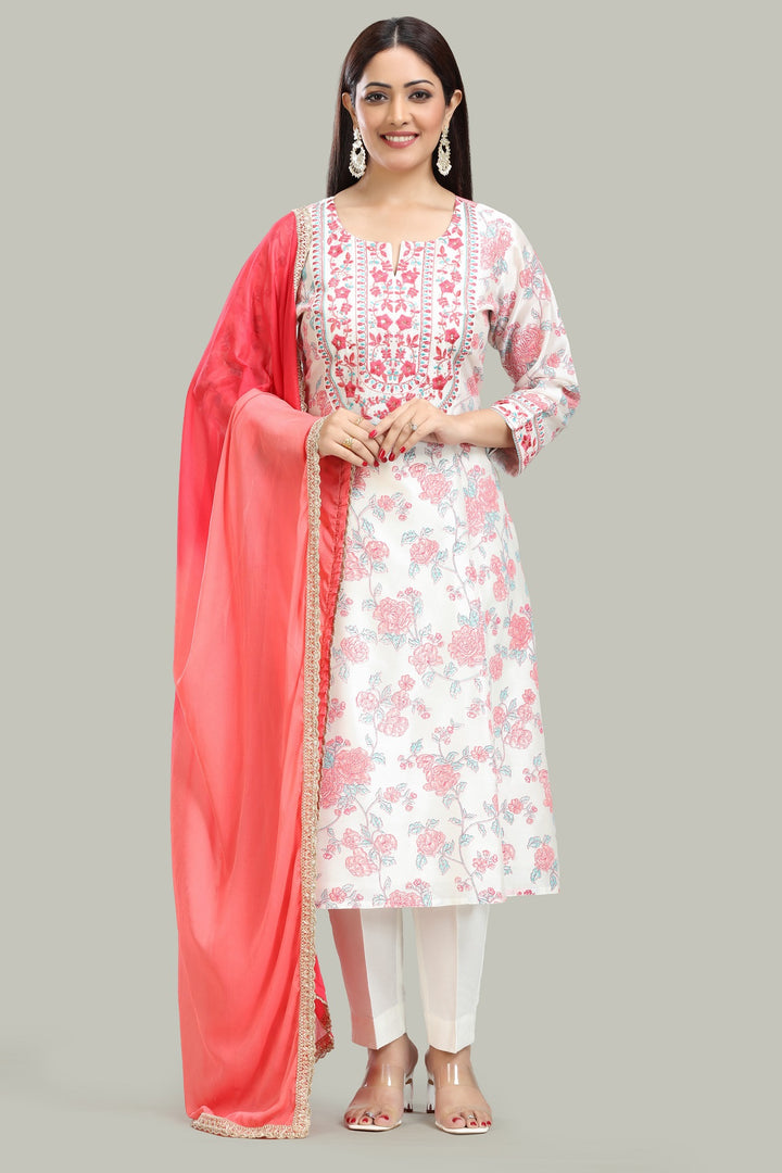 Off White & Pink Chanderi Straight Embroidered Kurta Pant Suit Set