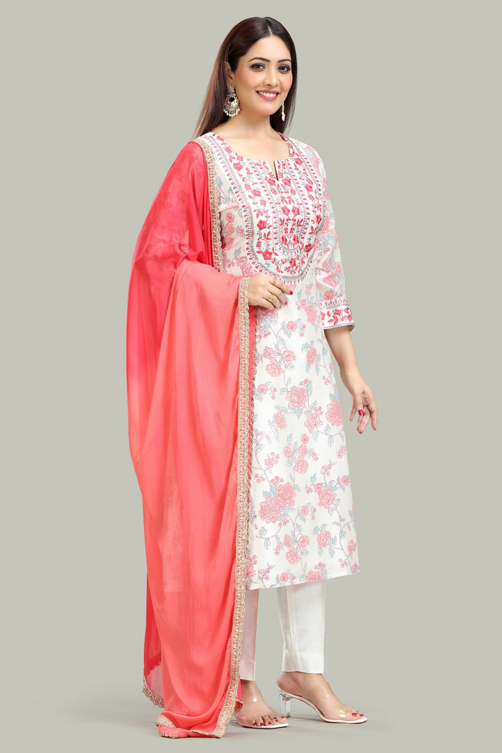 Off White & Pink Chanderi Straight Embroidered Kurta Pant Suit Set