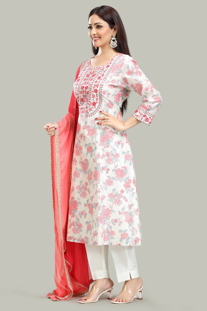 Off White & Pink Chanderi Straight Embroidered Kurta Pant Suit Set