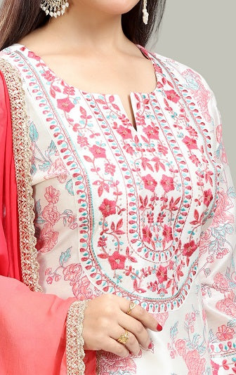 Off White & Pink Chanderi Straight Embroidered Kurta Pant Suit Set