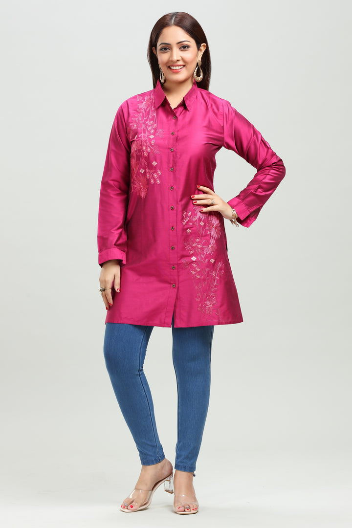 Rani Pink PolySilk Straight Embroidered Kurta