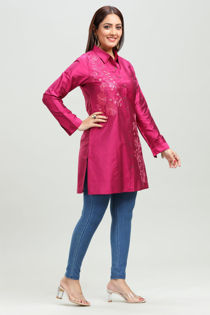 Rani Pink PolySilk Straight Embroidered Kurta