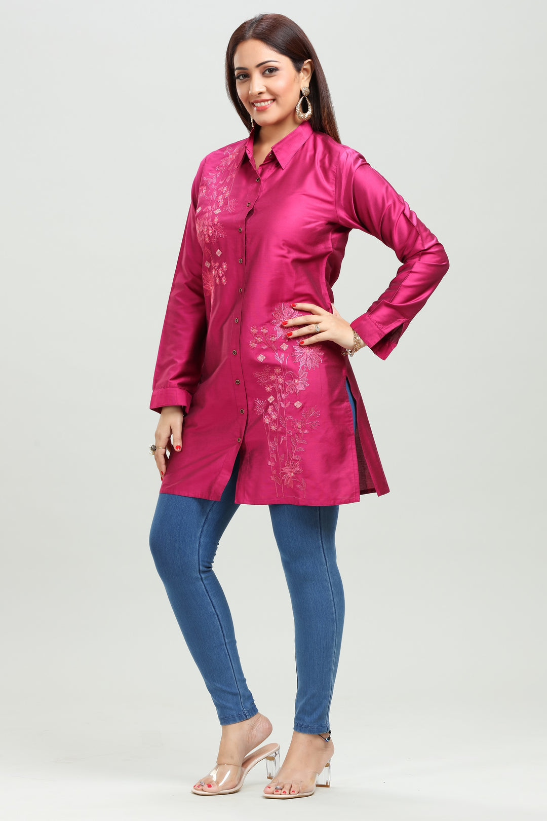 Rani Pink PolySilk Straight Embroidered Kurta